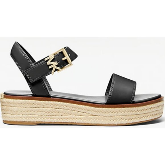 Michael Kors Richie Espadrille Sandals Women 9.5 Black Leather Platform MK Logo - Picture 2 of 4
